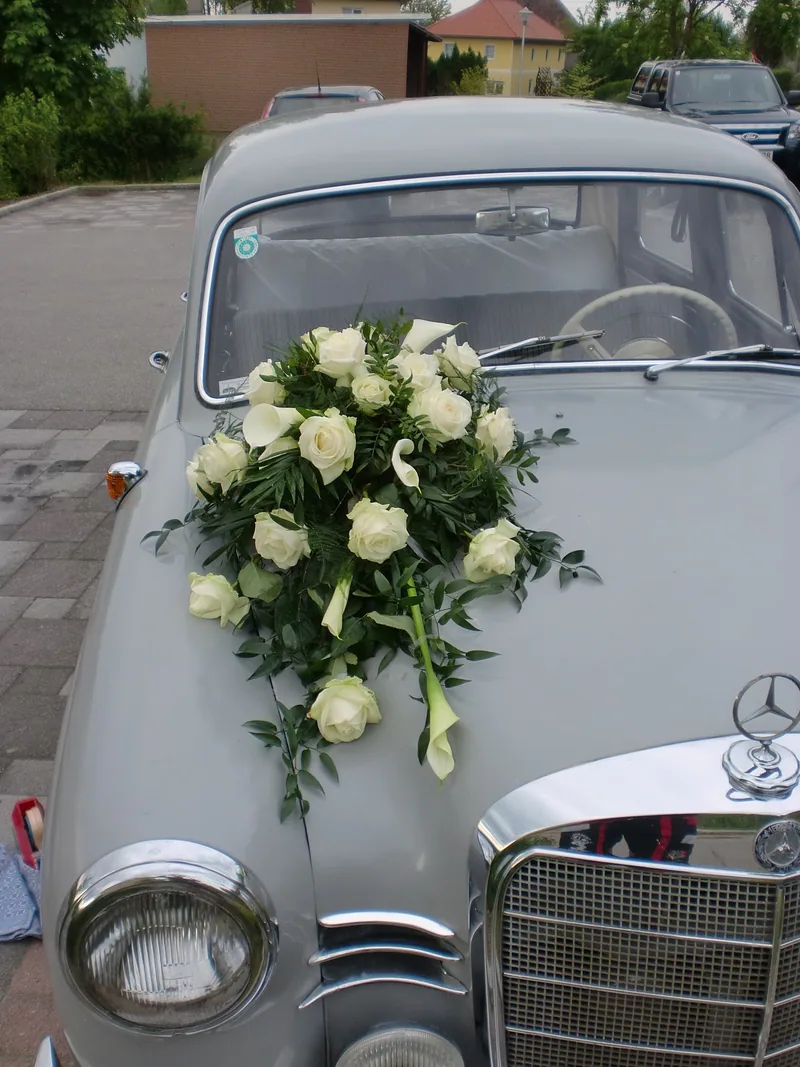 Weißes Rosengesteck auf der Motorhaube eines silbernen Oldtimers