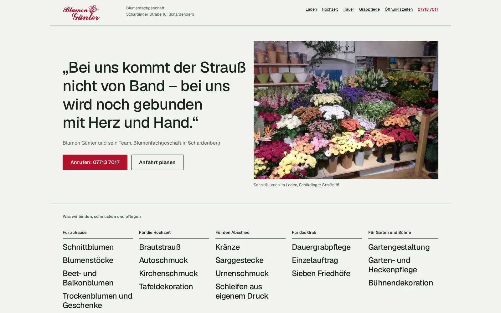 Vorschau Entwurf 2: der Vers in großer Schrift neben dem Foto der Schnittblumen im Laden